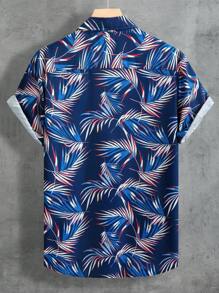 Manfinity Chillmode 男士滿版植物印花襯衫 - 藍色 - 查看 2