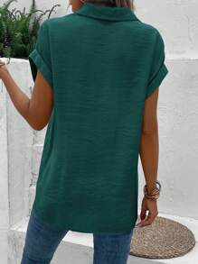 SHEIN LUNE Batwing Sleeve Pocket Patched Shirt - Dark Green - View 2