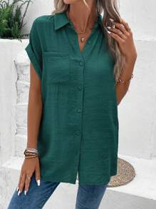 SHEIN LUNE Batwing Sleeve Pocket Patched Shirt - Dark Green - View 3