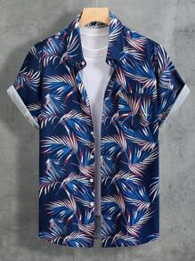 Manfinity Chillmode 男士滿版植物印花襯衫 - 藍色 - 查看 1