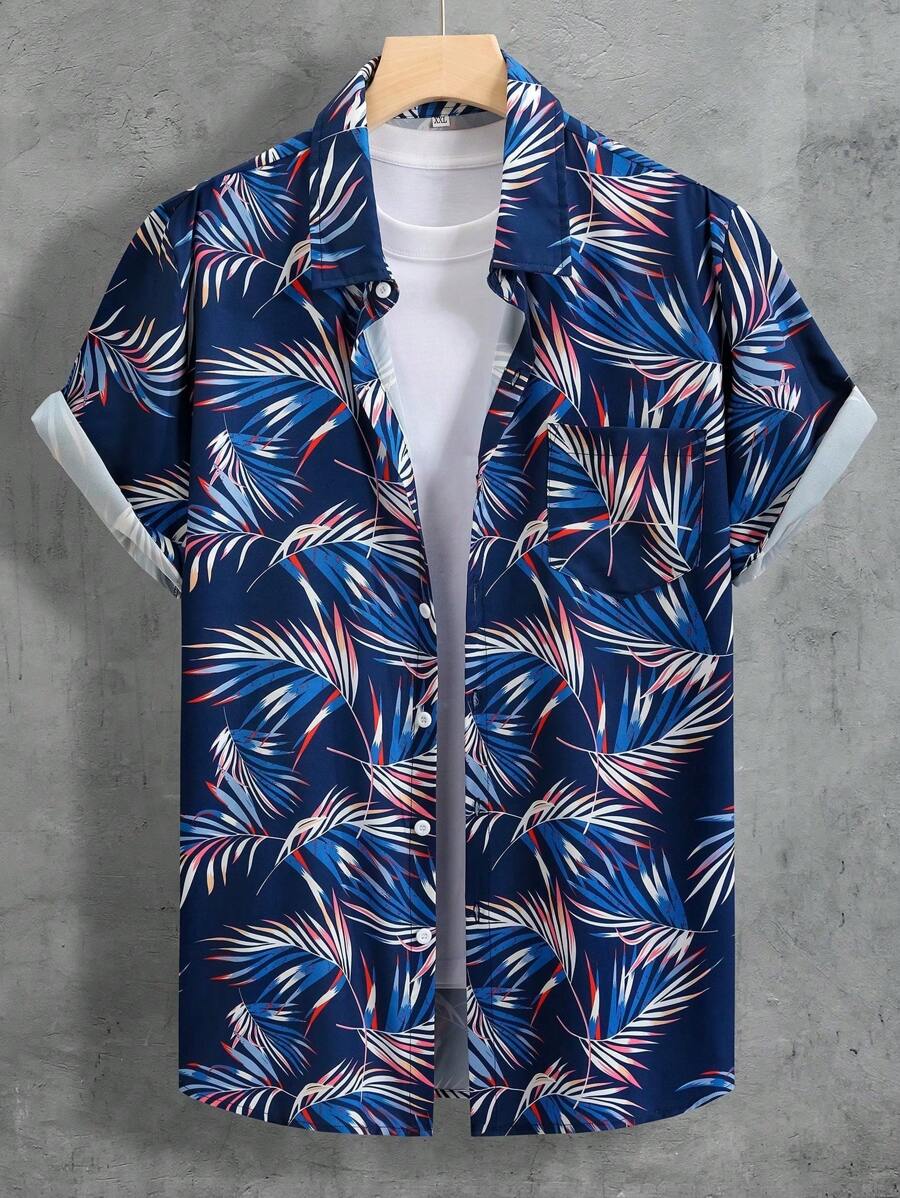 Manfinity Chillmode 男士滿版植物印花襯衫 - 藍色 - 查看 1