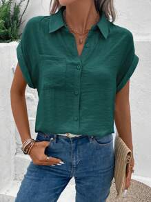 SHEIN LUNE Batwing Sleeve Pocket Patched Shirt - Dark Green - View 5