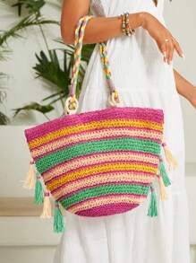 SHEIN VCAY 撞色草編包流蘇裝飾大碼適用於度假 - 彩色 - 查看 3