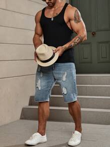 Manfinity Homme Men Solid Ribbed Knit Tank Top Sleeveless Plain Black Tank Top - Black - View 6
