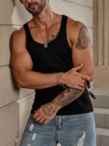 Manfinity Homme Men Solid Ribbed Knit Tank Top Sleeveless Plain Black Tank Top - Black - View 7