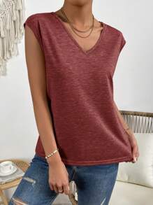 SHEIN LUNE 素色V領蝙蝠袖T恤 - 酒紅色 - 查看 3