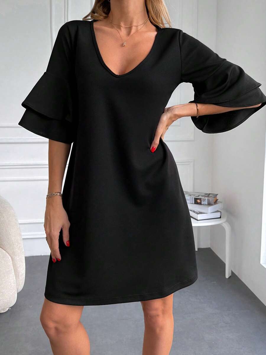 RueChic Solid Flounce Sleeve V Neck Dress - Black - View 1