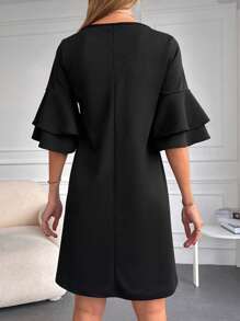 RueChic Solid Flounce Sleeve V Neck Dress - Black - View 2