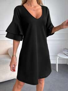 RueChic Solid Flounce Sleeve V Neck Dress - Black - View 3