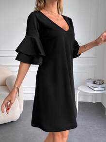 RueChic Solid Flounce Sleeve V Neck Dress - Black - View 4