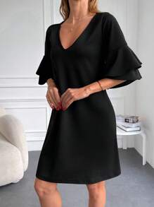 RueChic Solid Flounce Sleeve V Neck Dress - Black - View 5
