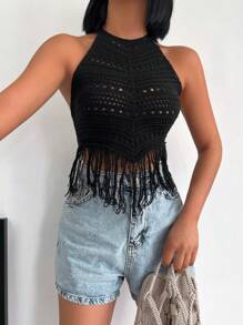 EURMUSE 流蘇下擺後背繫帶吊脖針織上衣 - 黑色 - 查看 1