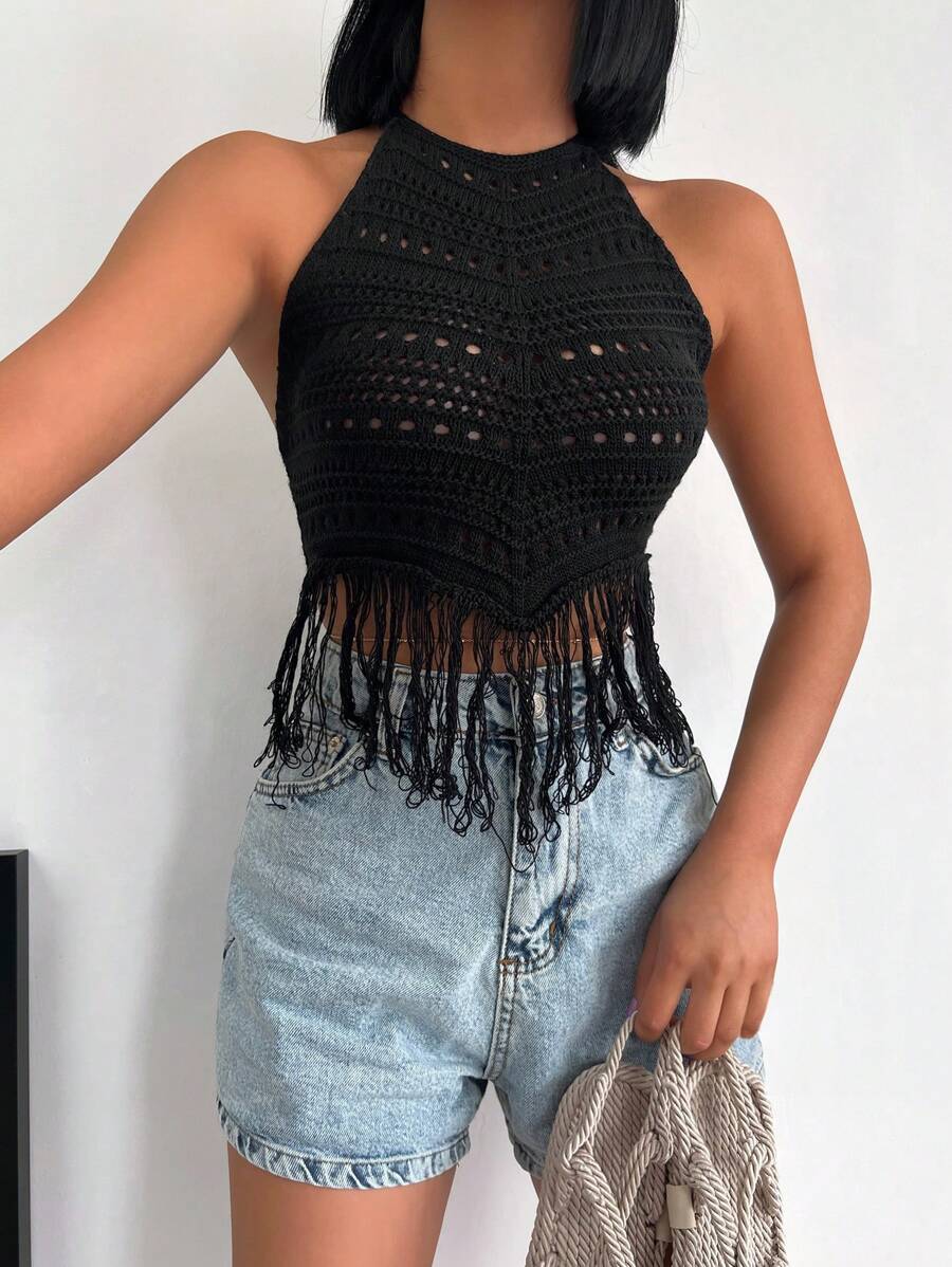 EURMUSE 流蘇下擺後背繫帶吊脖針織上衣 - 黑色 - 查看 1