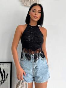 EURMUSE 流蘇下擺後背繫帶吊脖針織上衣 - 黑色 - 查看 3