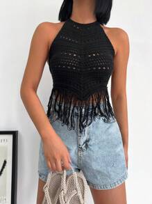 EURMUSE 流蘇下擺後背繫帶吊脖針織上衣 - 黑色 - 查看 4