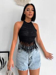 EURMUSE 流蘇下擺後背繫帶吊脖針織上衣 - 黑色 - 查看 5