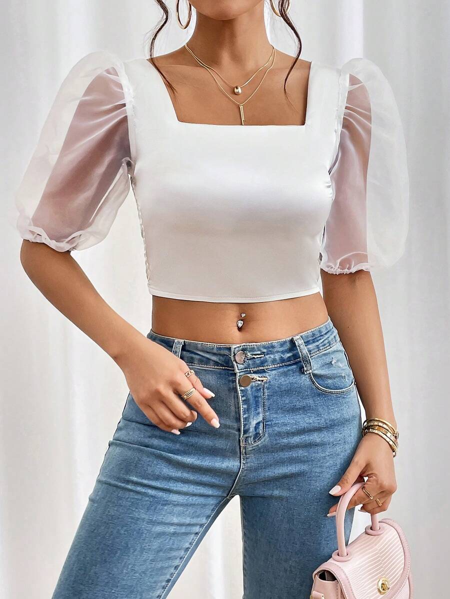 SHEIN Privé Square Neck Contrast Mesh Puff Sleeve Crop Blouse - White - View 1