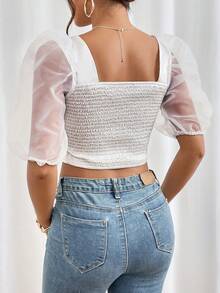 SHEIN Privé Square Neck Contrast Mesh Puff Sleeve Crop Blouse - White - View 2