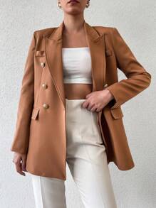 EURMUSE Lapel Neck Double Breasted Flap Detail Blazer - màu nâu - Xem 1