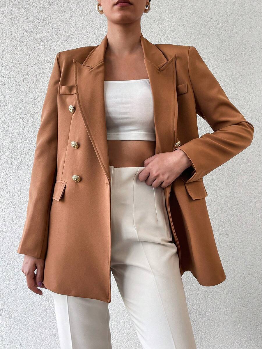 EURMUSE Lapel Neck Double Breasted Flap Detail Blazer - màu nâu - Xem 1