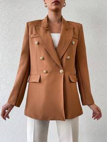 EURMUSE Lapel Neck Double Breasted Flap Detail Blazer - màu nâu - Xem 4