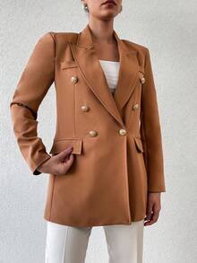 EURMUSE Lapel Neck Double Breasted Flap Detail Blazer - màu nâu - Xem 5