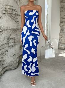 SHEIN Privé 滿版印花抹胸洋裝 - 藍白色 - 查看 6