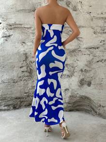 SHEIN Privé 滿版印花抹胸洋裝 - 藍白色 - 查看 2