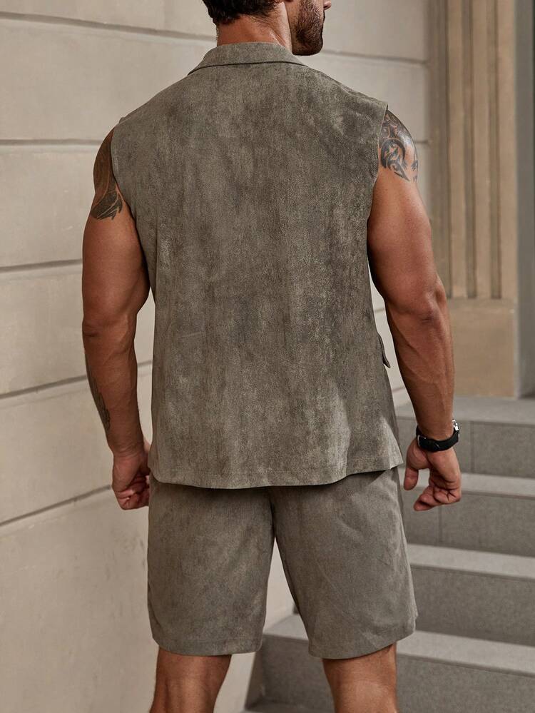 Manfinity Homme Men Button Front Vest Blazer & Shorts - Army Green - View 5