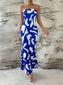 SHEIN Privé 滿版印花抹胸洋裝 - 藍白色 - 查看 4