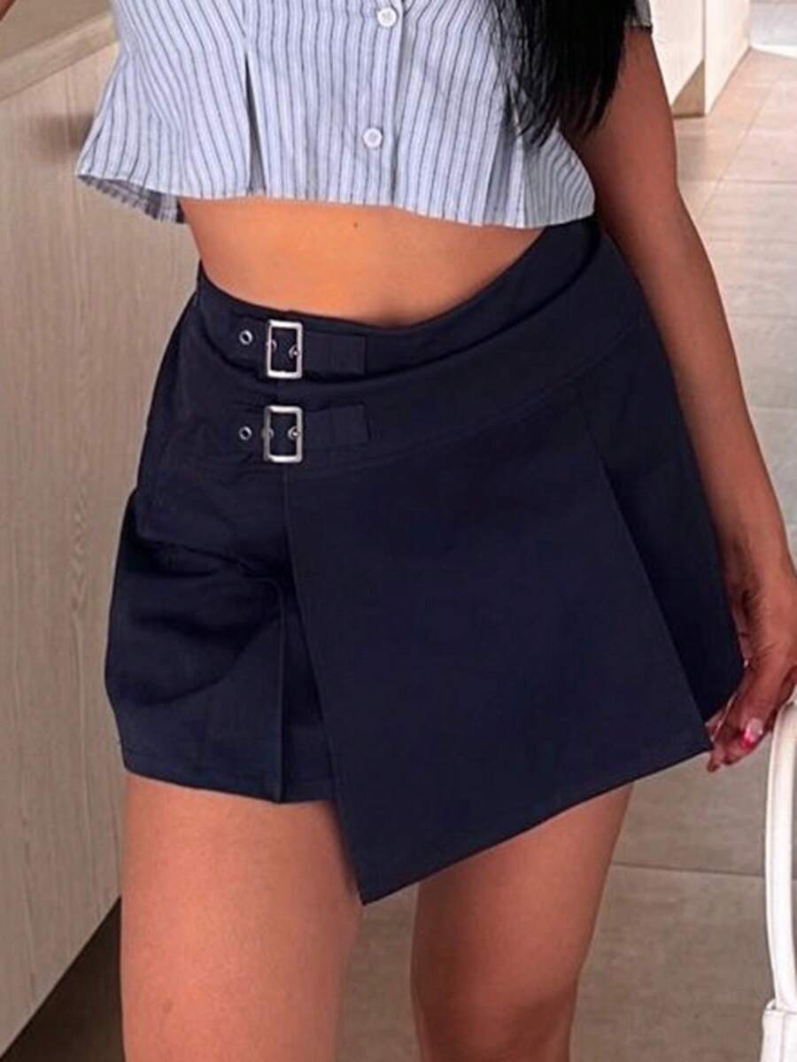 DAZY 素色帶扣細節半身裙 - 藏蓝色 - 查看 1