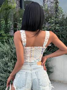 DAZY 色塊拼接圖案前繫帶吊帶上衣 - 杏色 - 查看 2