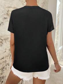 SHEIN Essnce 條紋印花紐扣細節T恤 - 黑色 - 查看 2