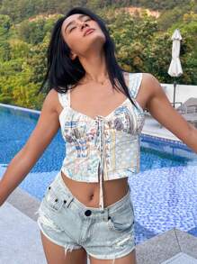 DAZY 色塊拼接圖案前繫帶吊帶上衣 - 杏色 - 查看 4