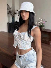 DAZY 色塊拼接圖案前繫帶吊帶上衣 - 杏色 - 查看 5