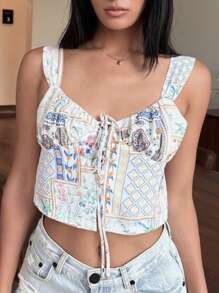 DAZY 色塊拼接圖案前繫帶吊帶上衣 - 杏色 - 查看 6