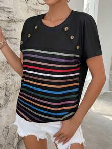 SHEIN Essnce 條紋印花紐扣細節T恤 - 黑色 - 查看 4