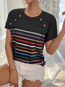 SHEIN Essnce 條紋印花紐扣細節T恤 - 黑色 - 查看 6