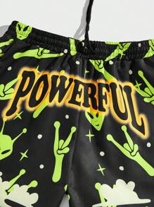 ROMWE MEN Street Life 男士外星人字母圖案腰部抽繩短褲 - 彩色 - 查看 4