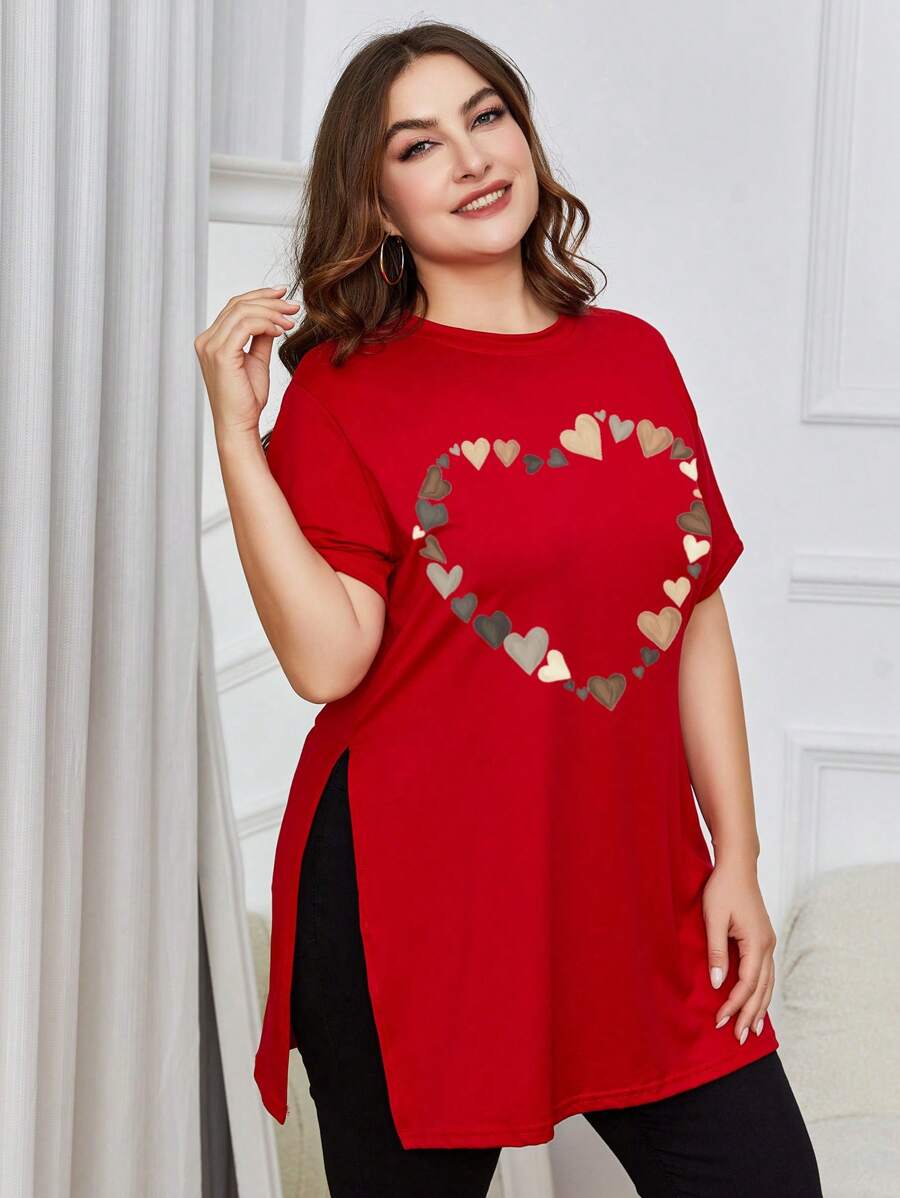 INAWLY 加心印花开衩下摆图案 T 恤，女式上衣，夏季 - 紅色 - 查看 1