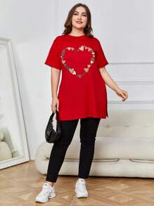 INAWLY 加心印花开衩下摆图案 T 恤，女式上衣，夏季 - 紅色 - 查看 4