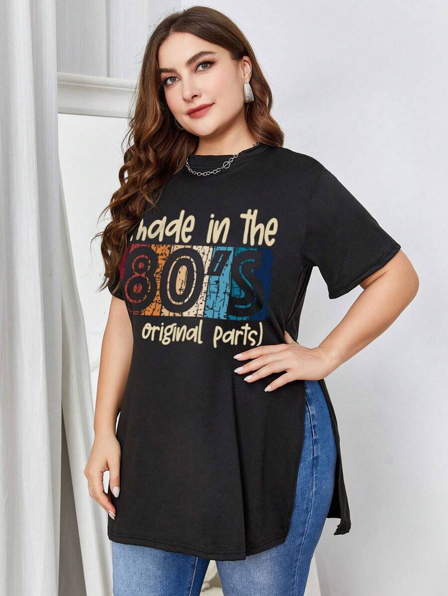 INAWLY Plus Slogan Graphic Split Hem Tee Made In The 80's Original Parts Graphic Tees Women Tops - Black - View 1