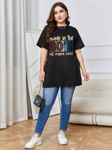 INAWLY Plus Slogan Graphic Split Hem Tee Made In The 80's Original Parts Graphic Tees Women Tops - Black - View 3
