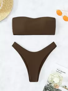 Swim Basics Summer Beach Solid Bandeau Bra & Swim Bottom Bikini Set Bathing Suit - Coffee Brown - View 3