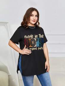 INAWLY Plus Slogan Graphic Split Hem Tee Made In The 80's Original Parts Graphic Tees Women Tops - Black - View 4