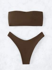 Swim Basics Summer Beach Solid Bandeau Bra & Swim Bottom Bikini Set Bathing Suit - Coffee Brown - View 2