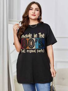 INAWLY Plus Slogan Graphic Split Hem Tee Made In The 80's Original Parts Graphic Tees Women Tops - Black - View 5