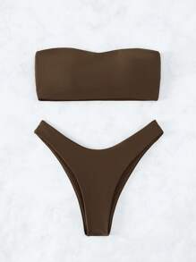 Swim Basics Summer Beach Solid Bandeau Bra & Swim Bottom Bikini Set Bathing Suit - Coffee Brown - View 4