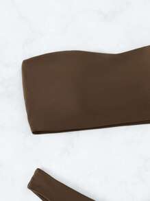 Swim Basics Summer Beach Solid Bandeau Bra & Swim Bottom Bikini Set Bathing Suit - Coffee Brown - View 5