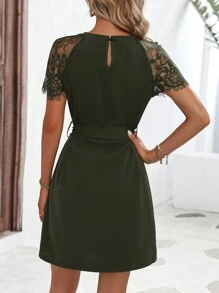 SHEIN LUNE Contrast Lace Keyhole Neckline Belted Dress